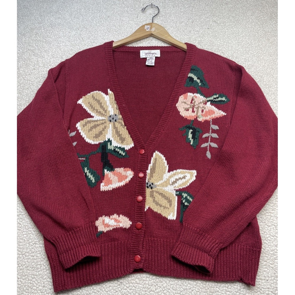 Worthington‎ Petite Burgundy Floral Embroidered Button Front Cardigan Sweater